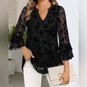 Tiered Bell Sleeve Double Layered Mesh V-Neck Blouse